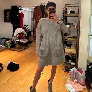 Zara oversized Gray Sweater Dress with Faux Fur Pockets